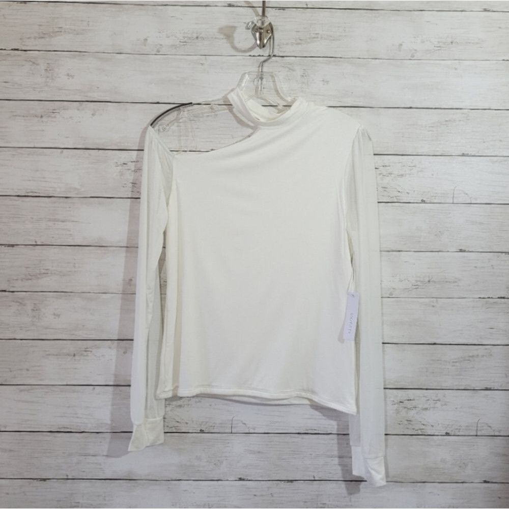 Women’s Small One Shoulder Fitted Top Sexy Sheer Chiffon Sleeve Blouse NWT - Picture 13 of 14